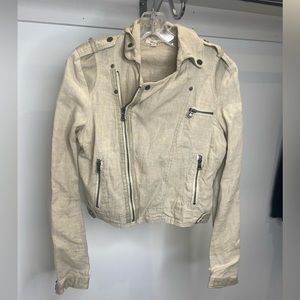 JAKETT…etc tan linen motorcycle jacket leather accents size M